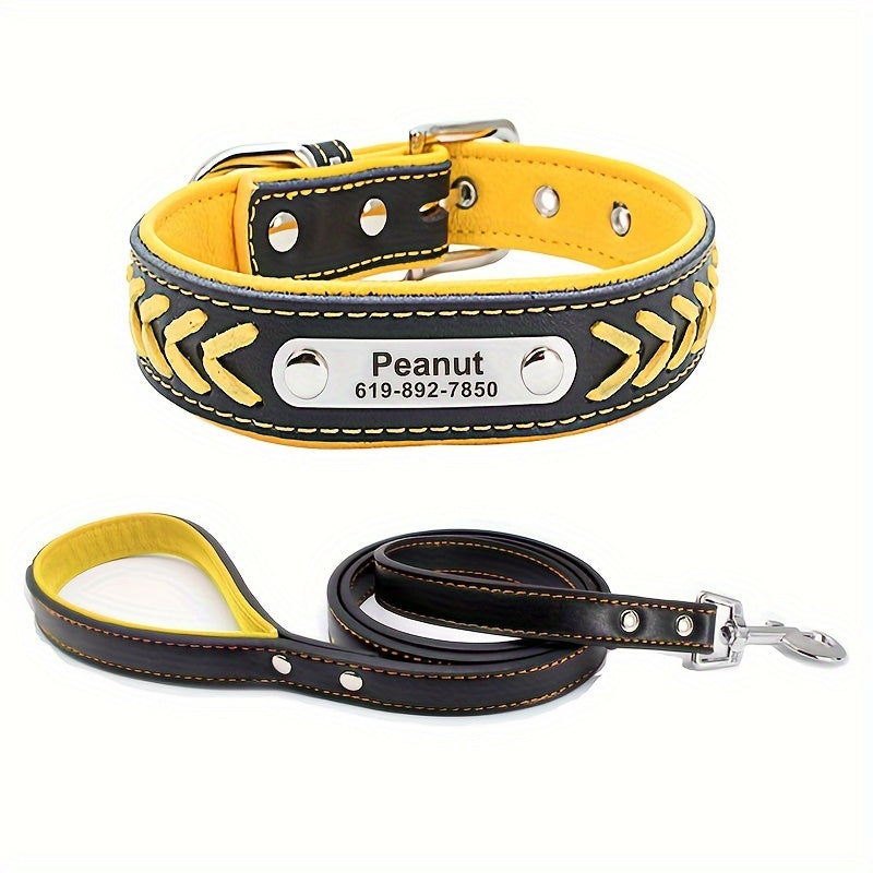 Personalized Leather Dog Collar And Leash Set With Engraving