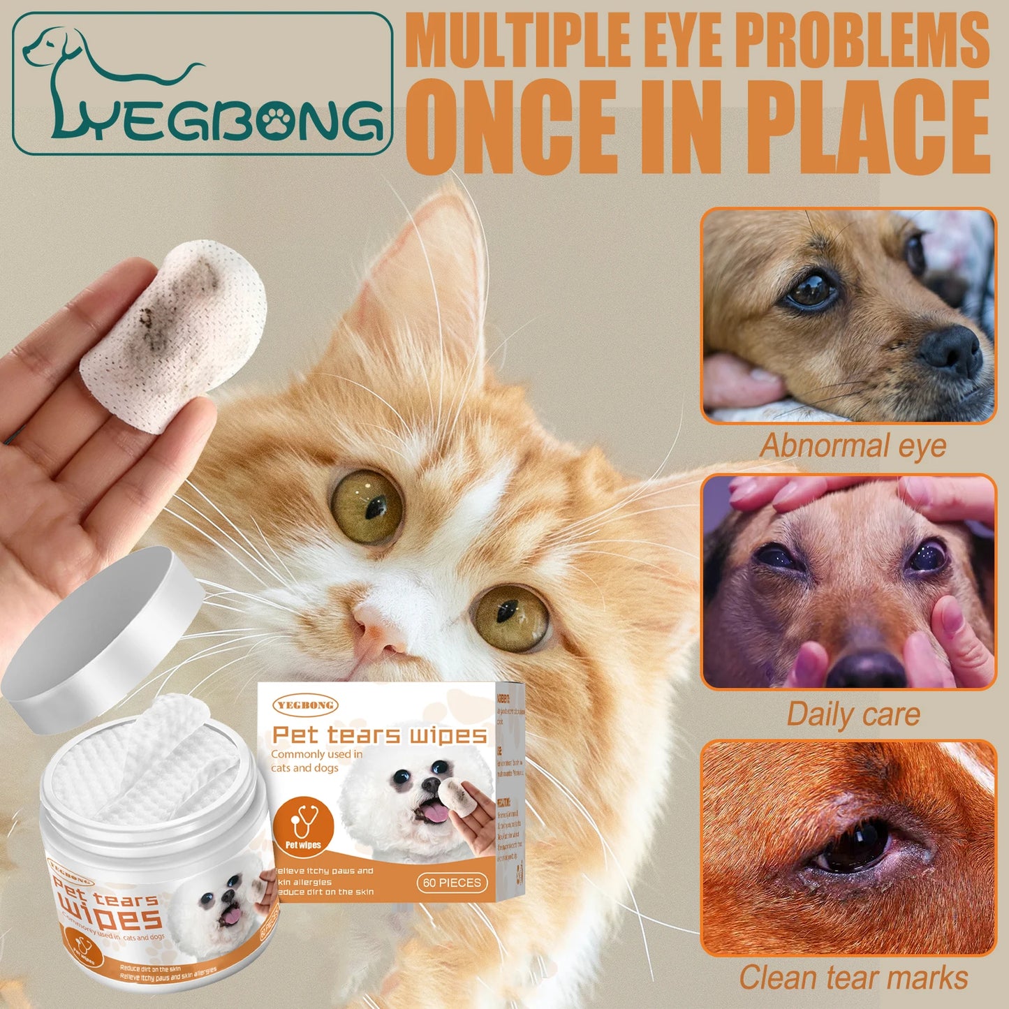 Pet Eye Cleaning Wipe Quickly Removing Tear Mark Stain Whitening Relieve Eye Discomfort Eliminate Odor Pets Grooming Wet Tissues