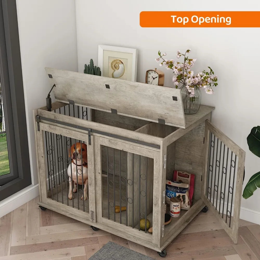 Lockable Dog Crate End Table With Sliding Door Wheels