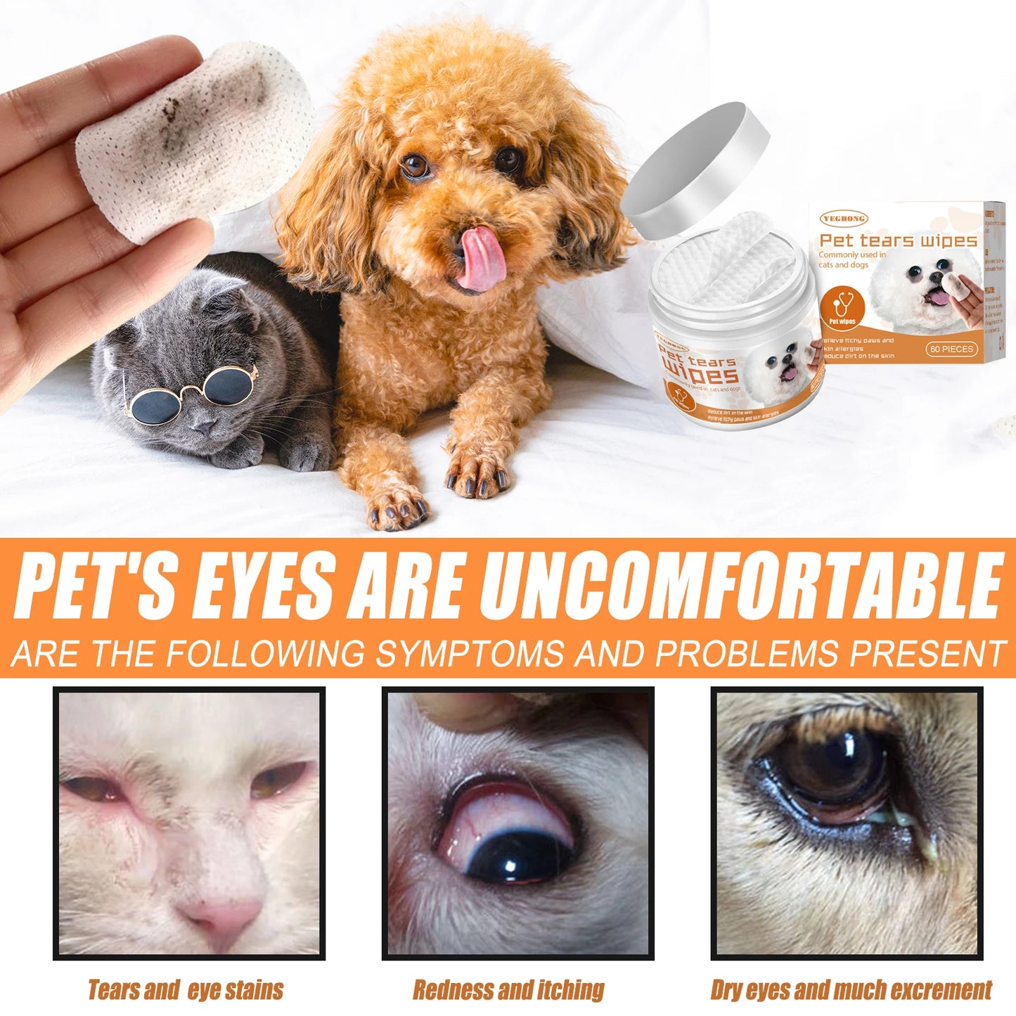 Pet Eye Cleaning Wipe Quickly Removing Tear Mark Stain Whitening Relieve Eye Discomfort Eliminate Odor Pets Grooming Wet Tissues