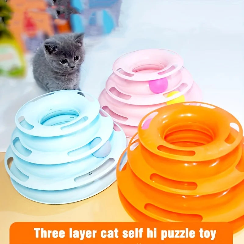 3 Layer Interactive Cat Toy Tower Puzzle With Colorful Balls