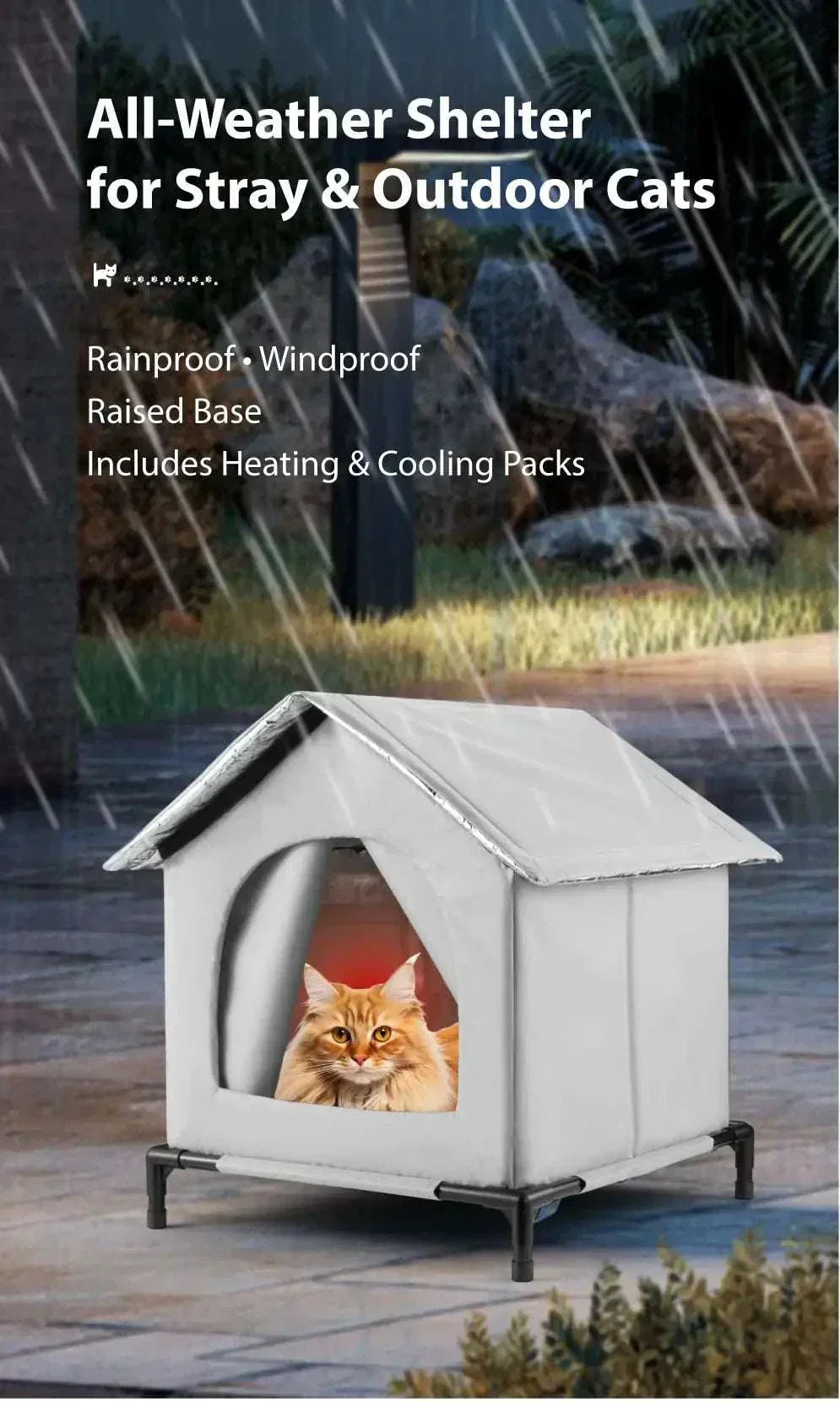 All-Season Waterproof Cat House with Ice Packs Heating Bags, Foldable Shelter for Indoor & Outdoor Use, Available in 3 Sizes