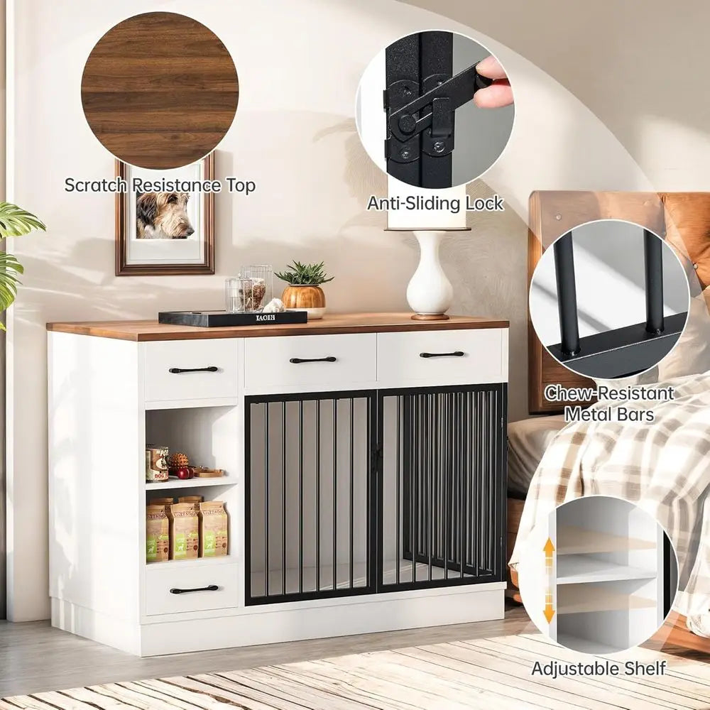 Wooden Dog Crate With Storage Drawers And Hidden Bowl Shelf