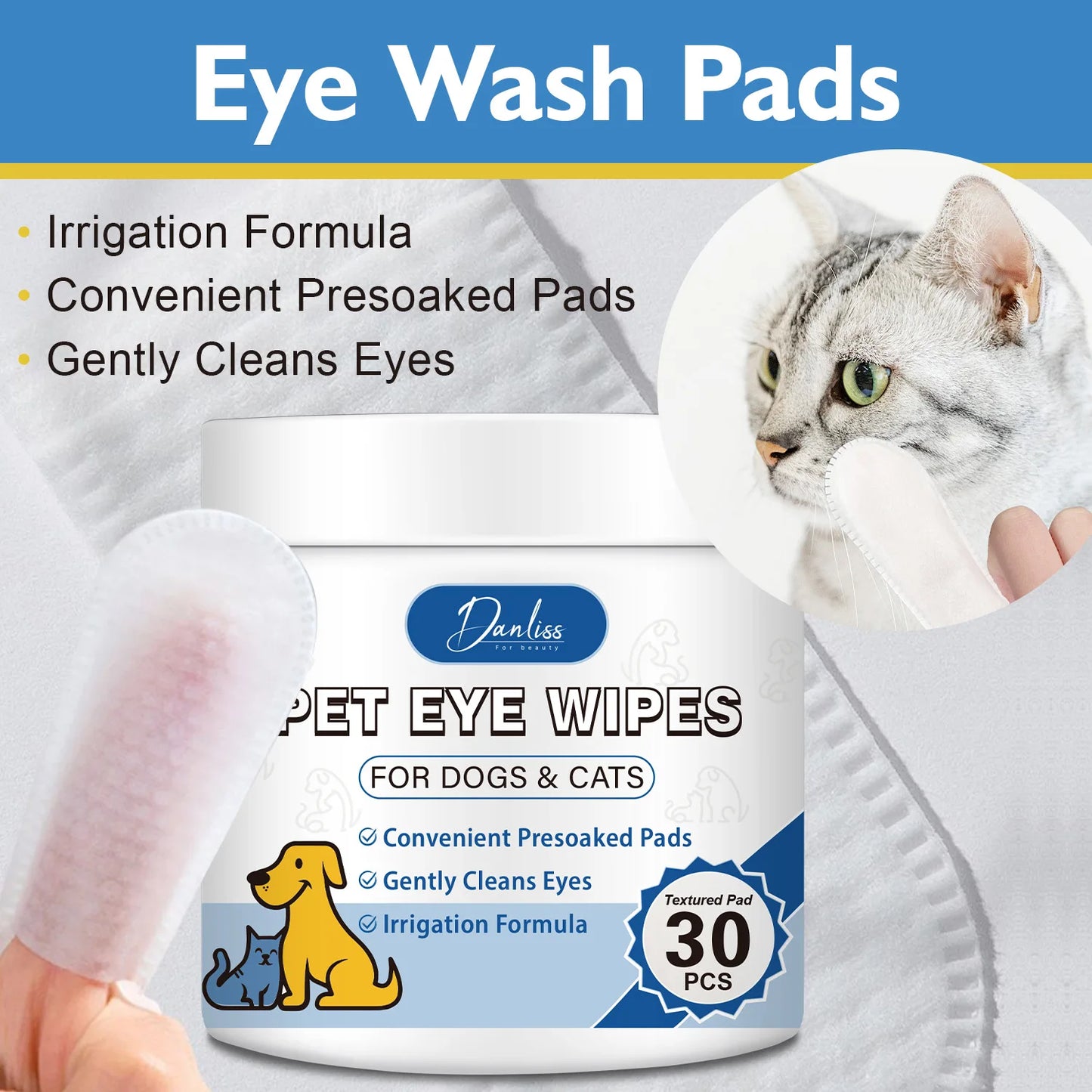 30pcs Thickened Pet Eye Cleaning Wipes, Gentle Tear Stain Remover Wipes for Dogs and Cats, Pet Eye And Foot Wash Pads Pet Wipes