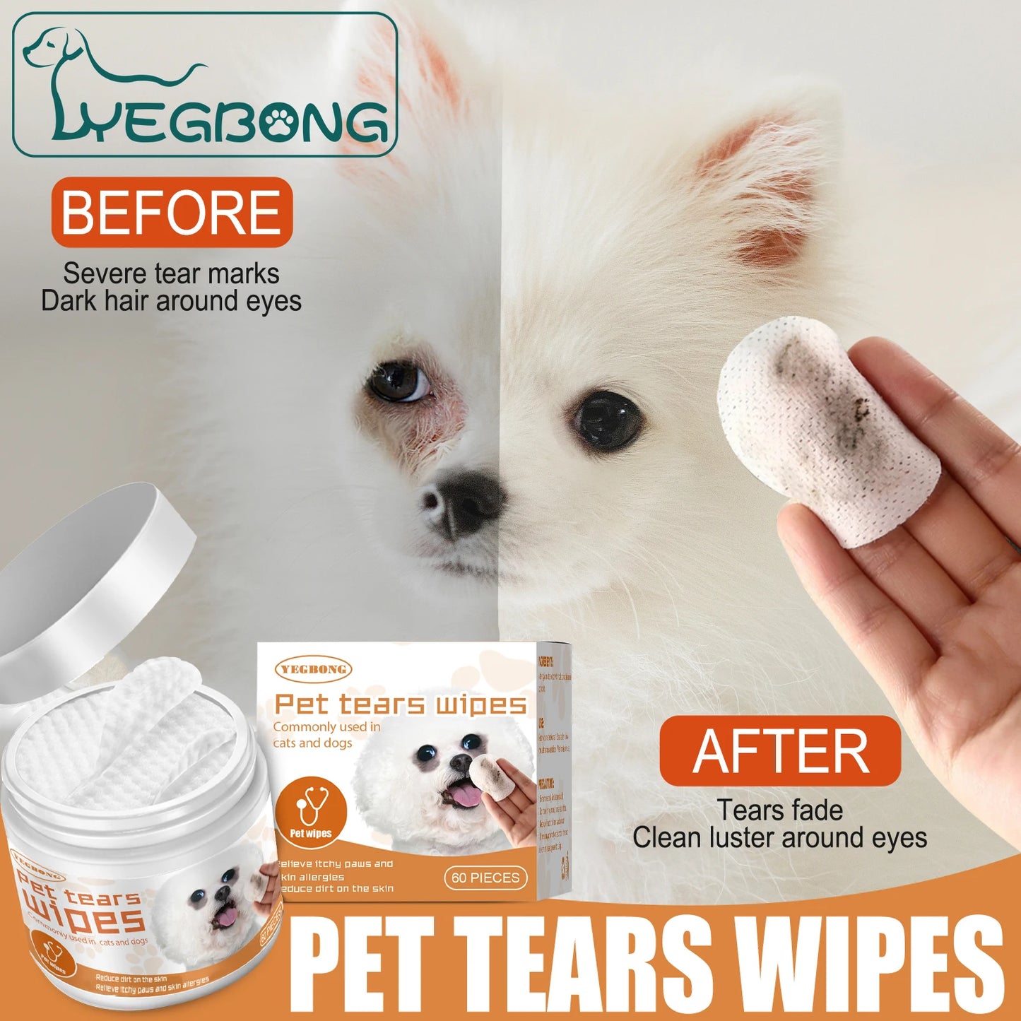 Pet Eye Cleaning Wipe Quickly Removing Tear Mark Stain Whitening Relieve Eye Discomfort Eliminate Odor Pets Grooming Wet Tissues