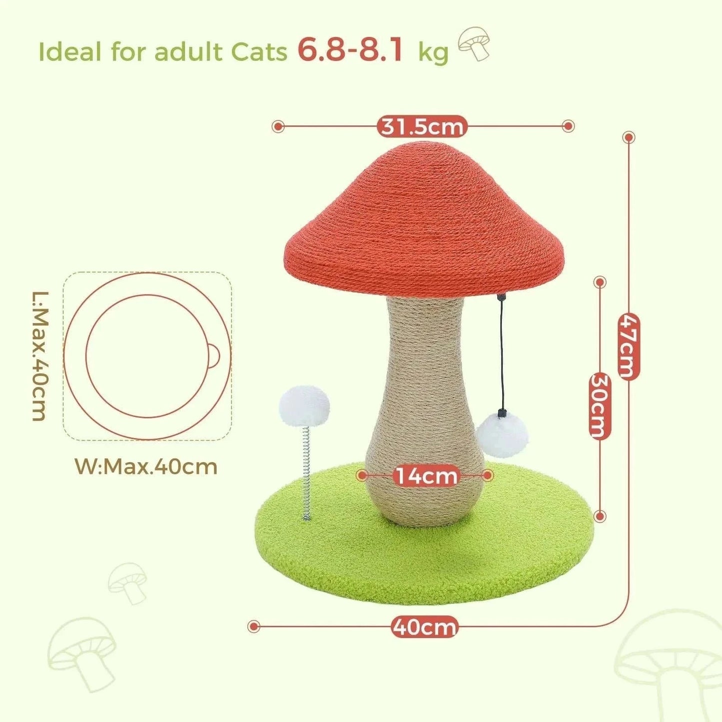 Cute mushroom cat scratching post with 100% sisal cover and pompom toys for indoor cats