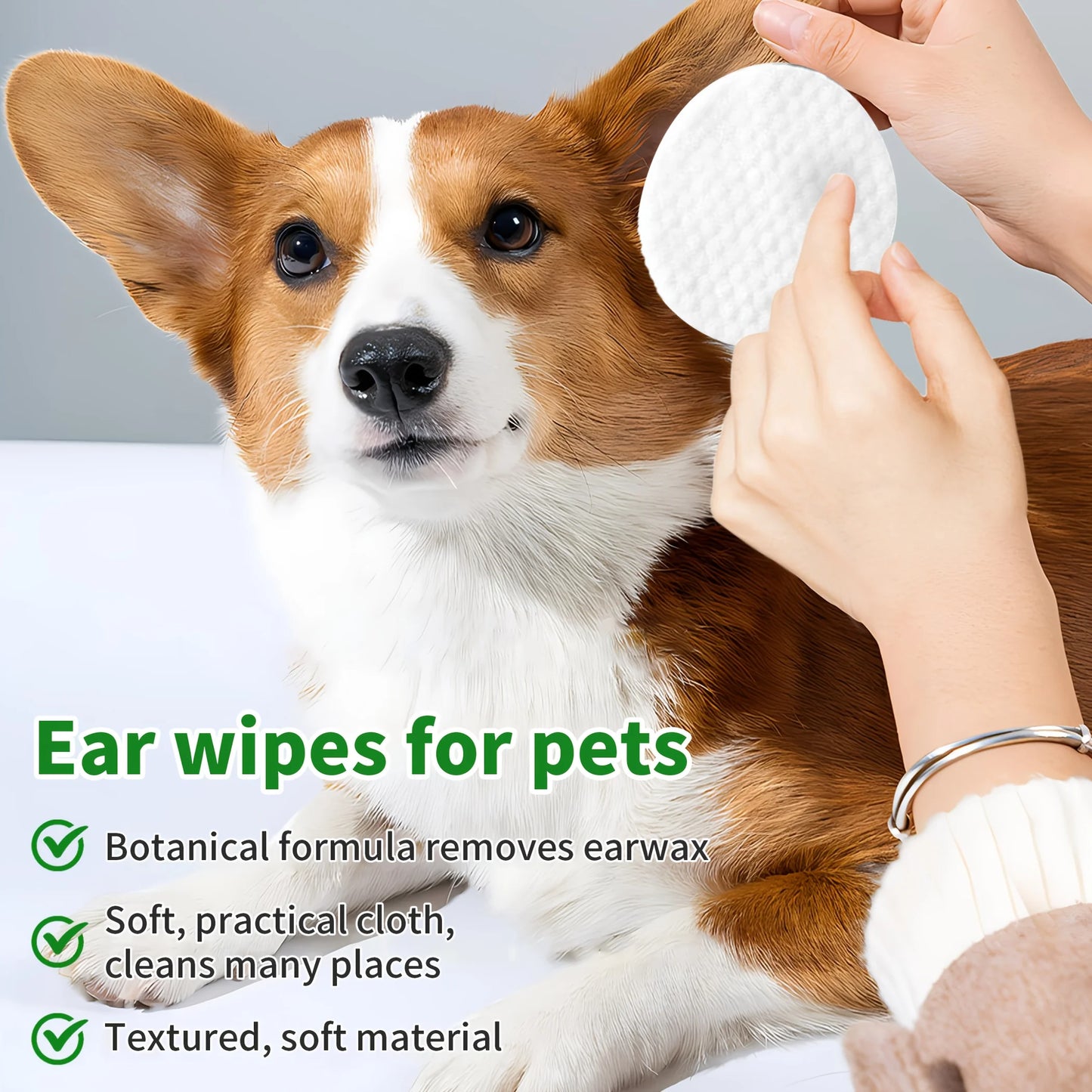 PetClaer 200PCS Natural Pet Ear Wipes, Double-Sided Design for Dogs Cats, Gentle Non-Irritating Ear Cleaning