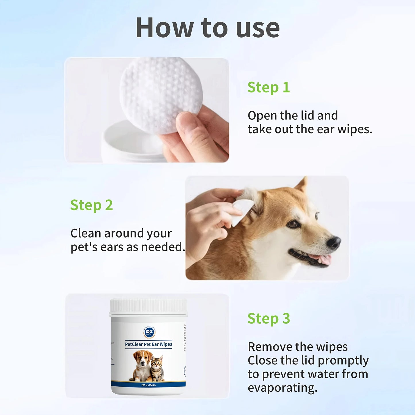 PetClaer 200PCS Natural Pet Ear Wipes, Double-Sided Design for Dogs Cats, Gentle Non-Irritating Ear Cleaning