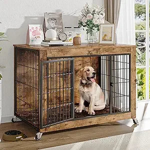 Double Door Wooden Dog Crate With Wheels And Cushion