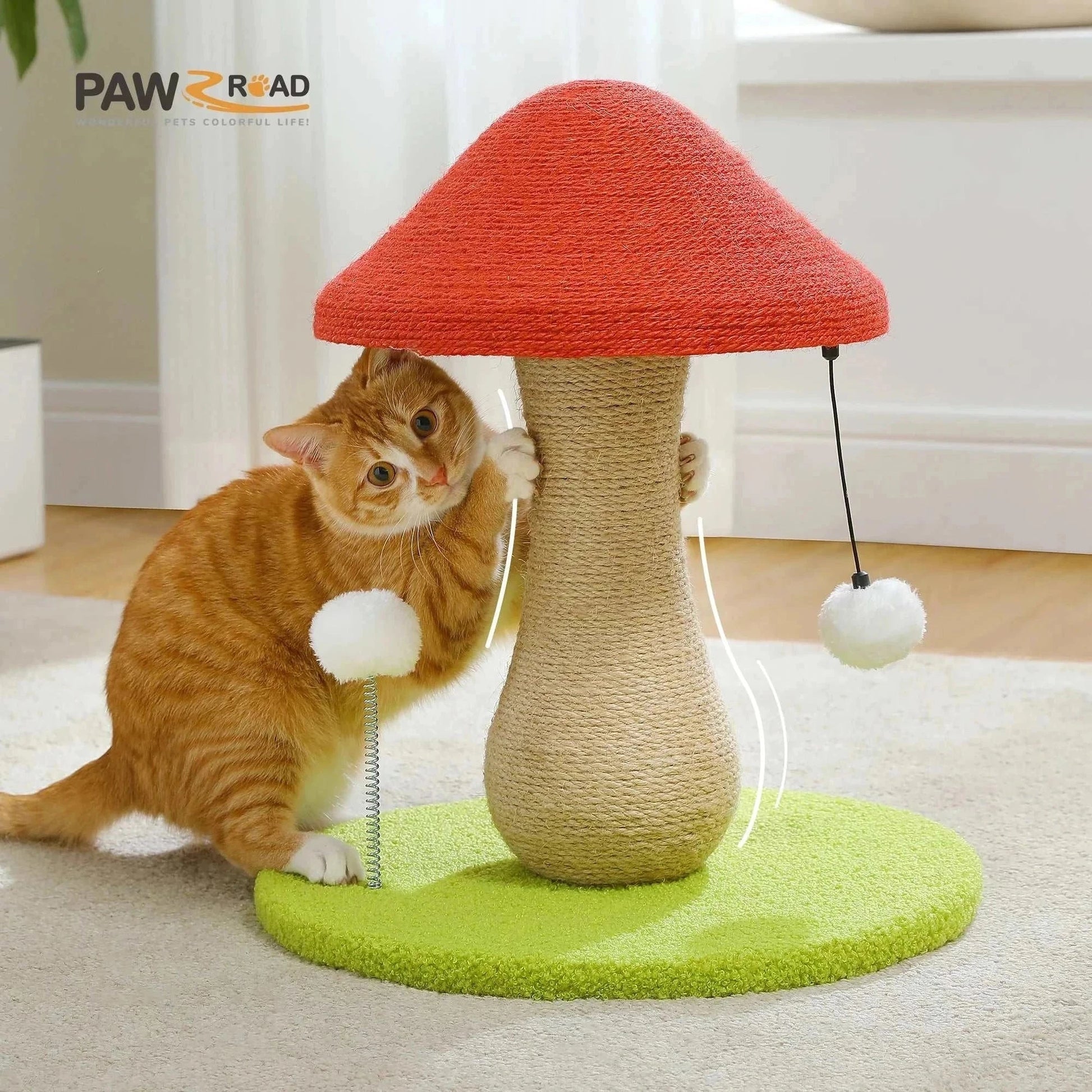 Mushroom Cat Scratching Post with 100% sisal cover and pompom toy for indoor cats