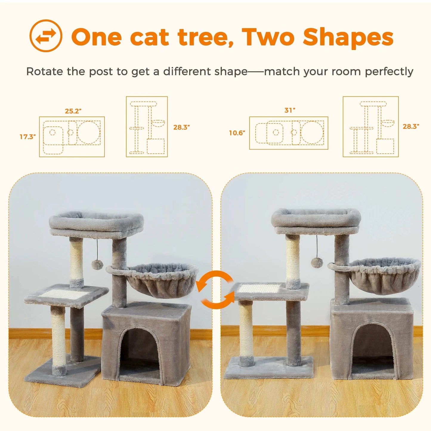 Cat tree Cat Tower for Indoor Cats 2 Styles Cat Activity Tree with Cat Scratching Posts Big Hammock and Removable Top Perch Grey