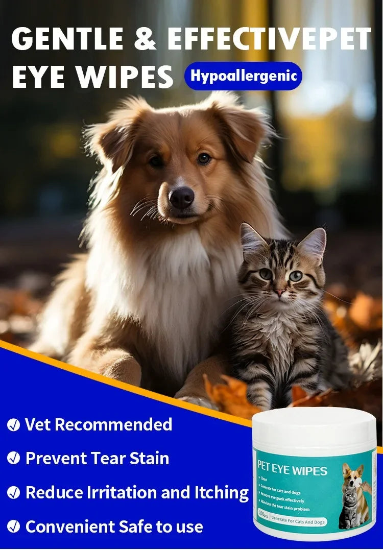 100 Pieces Pet Eye Area Remove Tear Stains Stain Clean Wet Wipes Cats and Dogs General No Irritation Pet Clean Supplies