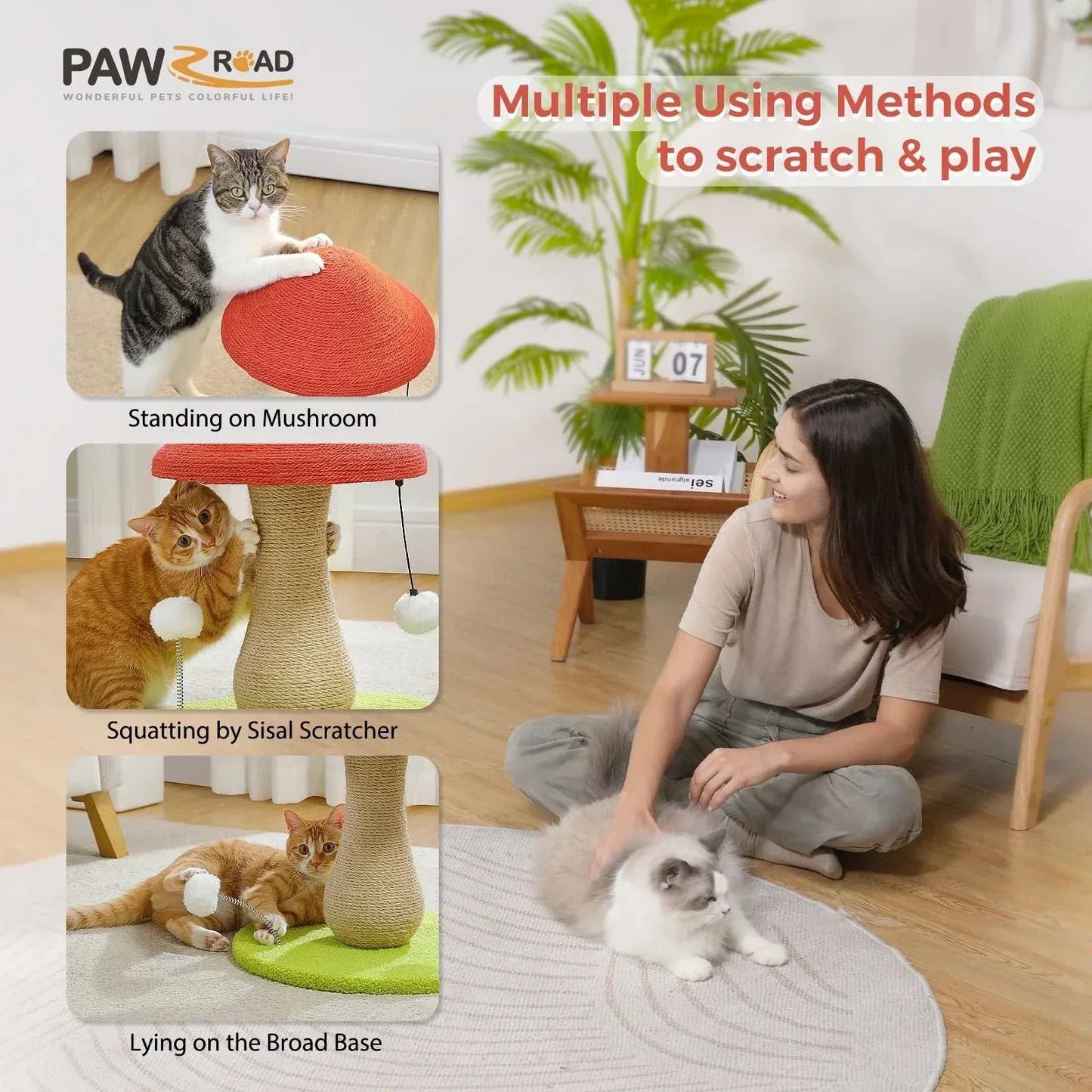 Double-tier mushroom cat scratching post with 100% sisal cover, wooden base, and pompom toys for cats
