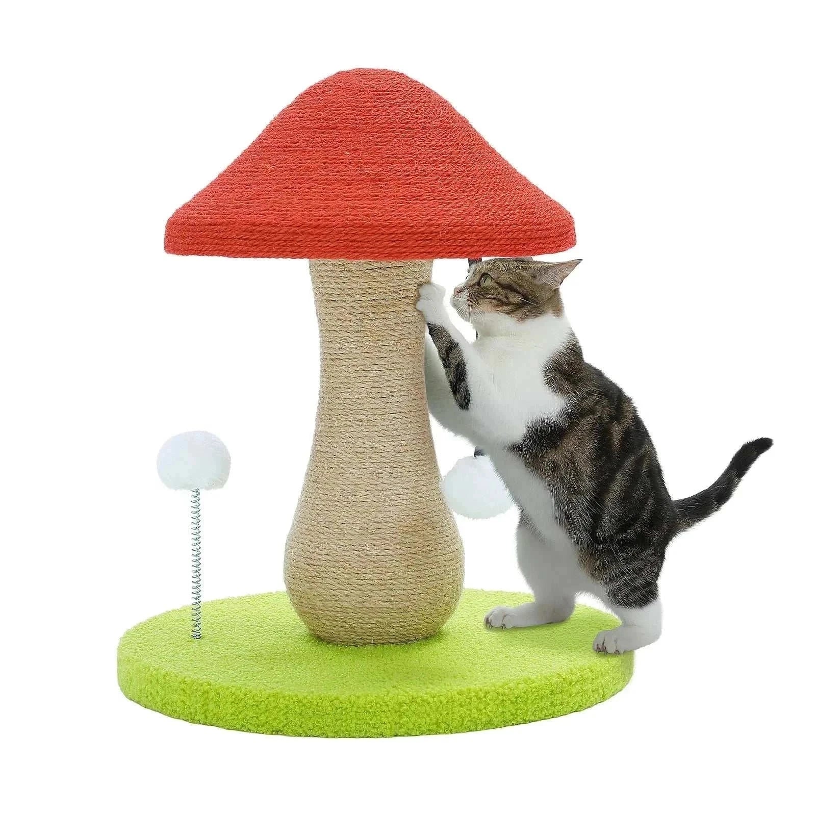 Mushroom cat scratching post with 100% sisal cover, pompom toys, and sturdy wooden base for indoor cats