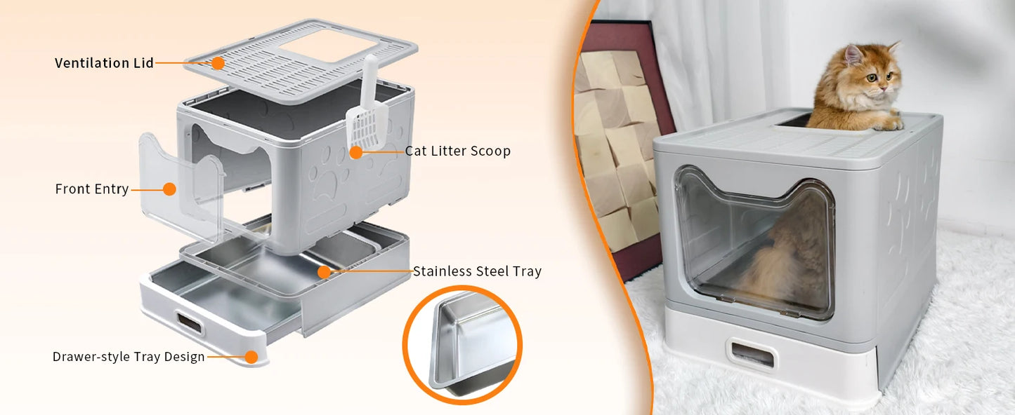 Feature Enclosed Stainless Steel Cat Litter Box With Lid