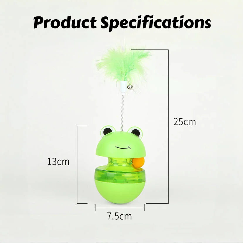 Frog Wobbler Cat Toy Spin Treat Dispenser With Feather Teaser