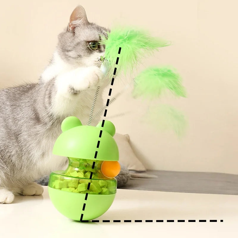 Frog Wobbler Cat Toy Spin Treat Dispenser With Feather Teaser