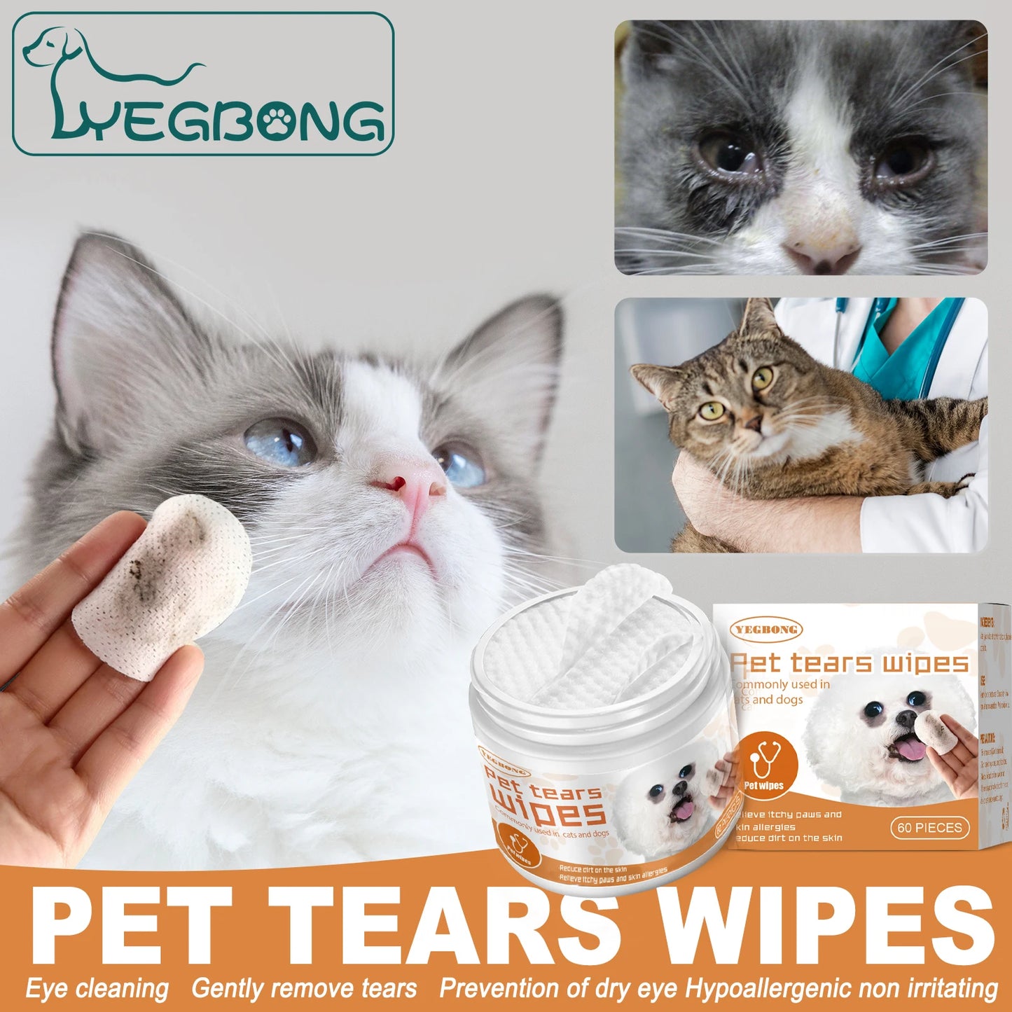 Pet Eye Cleaning Wipe Quickly Removing Tear Mark Stain Whitening Relieve Eye Discomfort Eliminate Odor Pets Grooming Wet Tissues