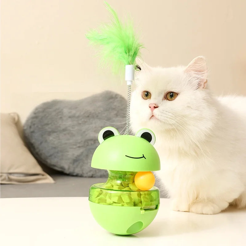 Frog Wobbler Cat Toy Spin Treat Dispenser With Feather Teaser