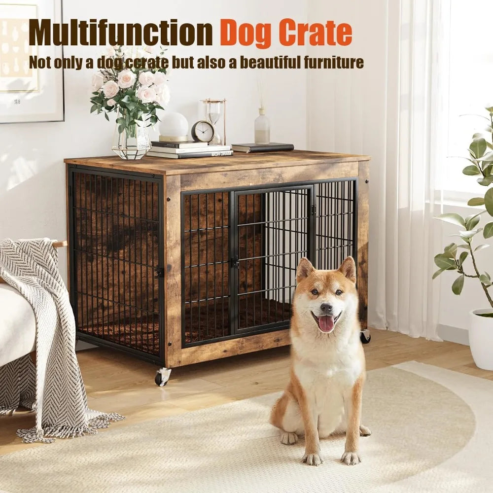 Double Door Wooden Dog Crate With Wheels And Cushion