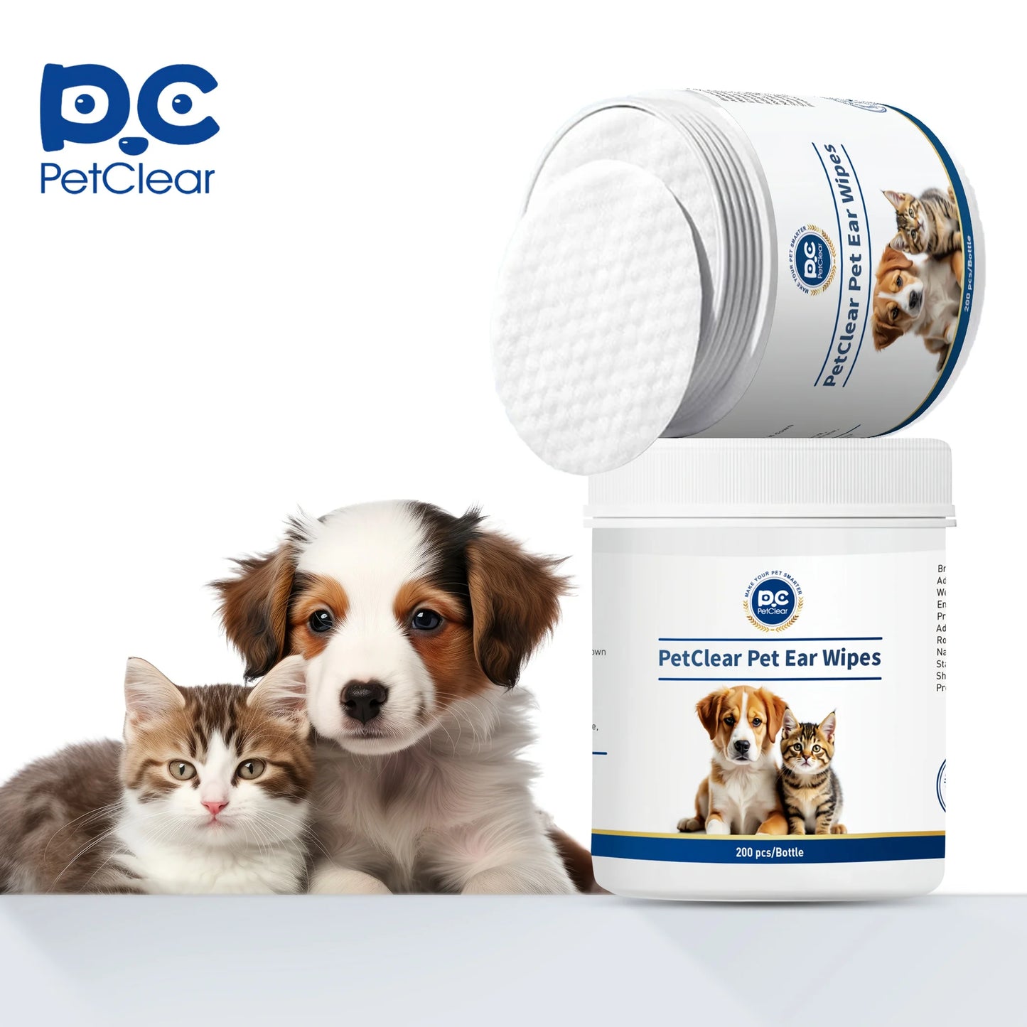 PetClaer 200PCS Natural Pet Ear Wipes, Double-Sided Design for Dogs Cats, Gentle Non-Irritating Ear Cleaning