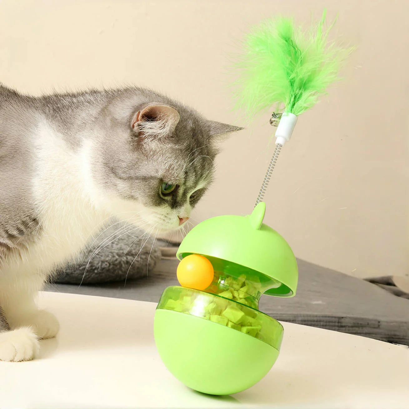 Frog Wobbler Cat Toy Spin Treat Dispenser With Feather Teaser