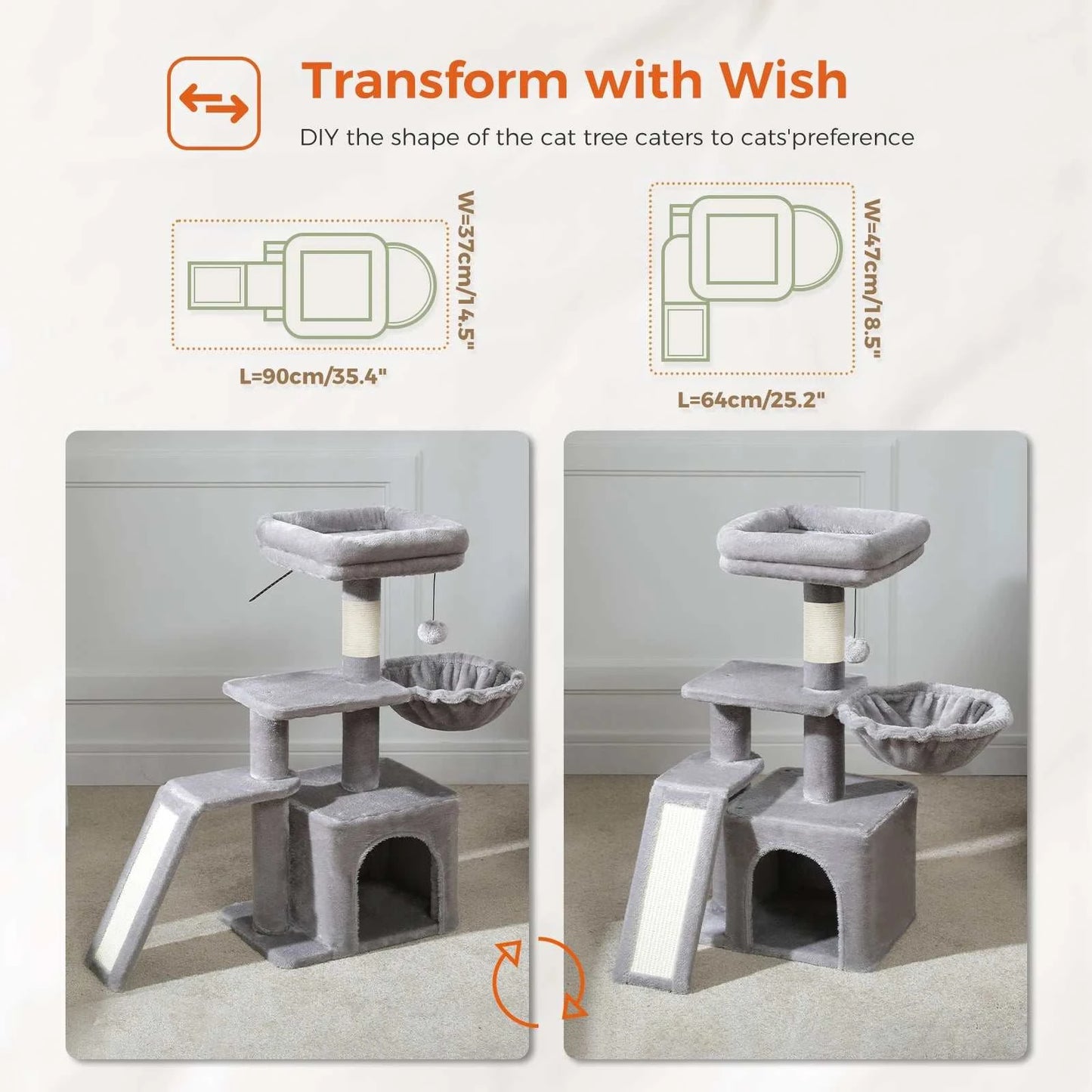 Cat tree Cat Tower for Indoor Cats 2 Styles Cat Activity Tree with Cat Scratching Posts Big Hammock and Removable Top Perch Grey