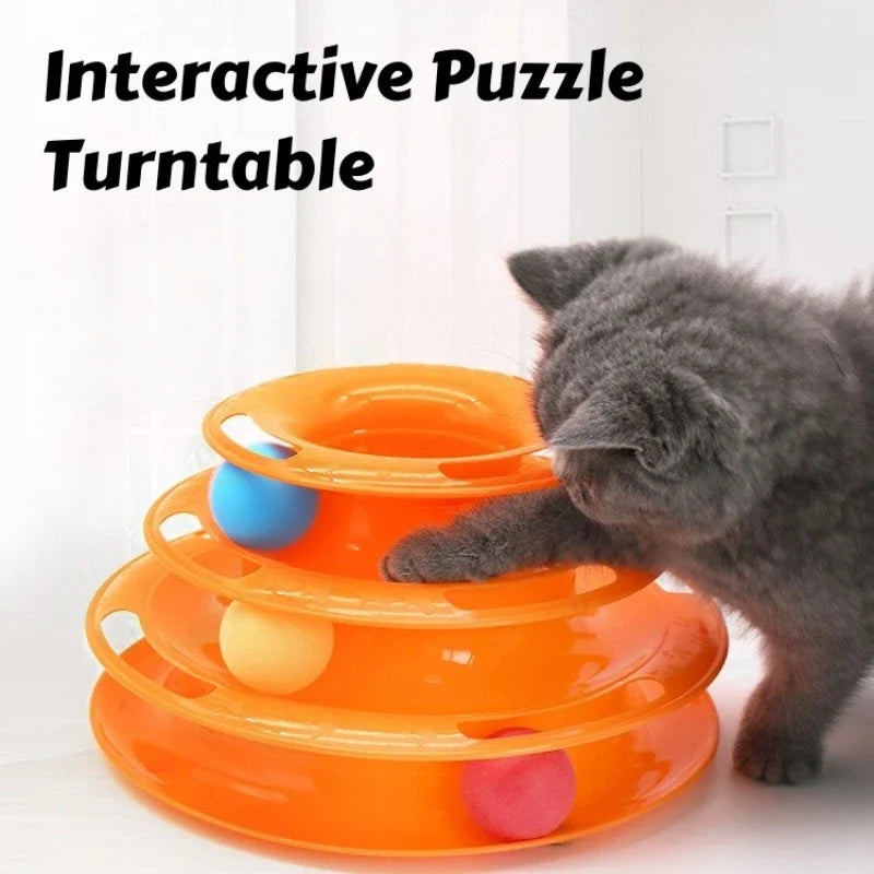 Three Layer Interactive Cat Tower With Rotating Turntable And Balls