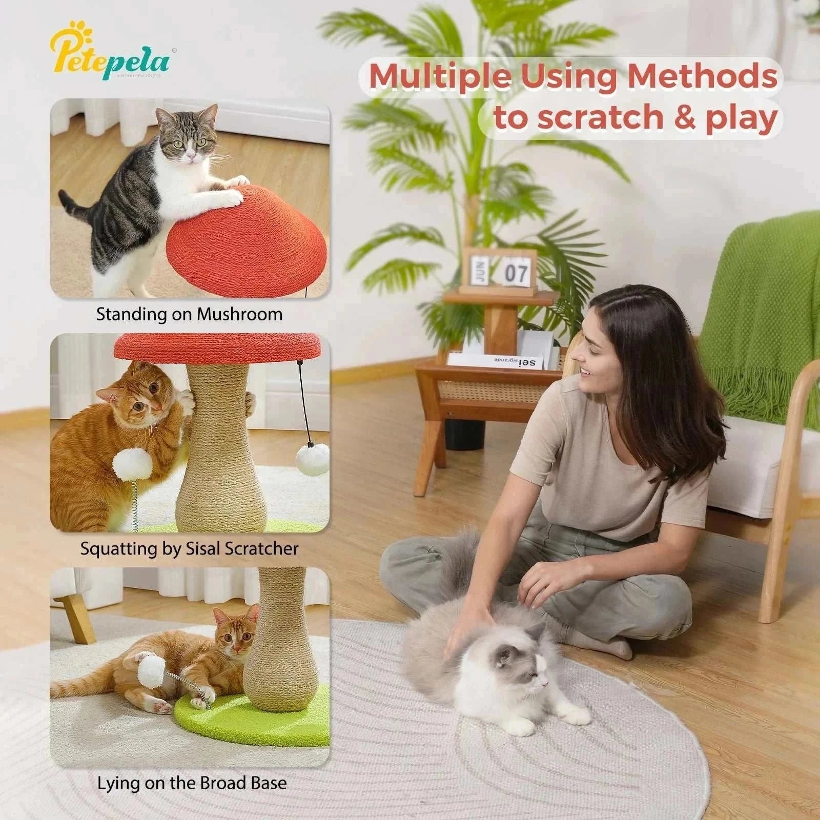 Mushroom cat scratching post with double-tier sisal-covered design and pompom toys