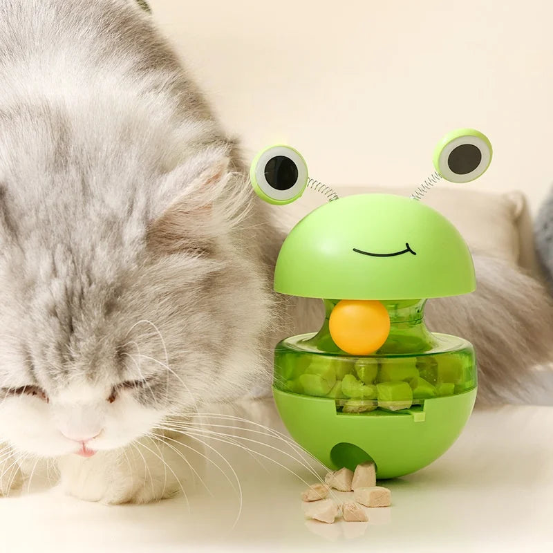 Frog Wobbler Cat Toy Spin Treat Dispenser With Feather Teaser