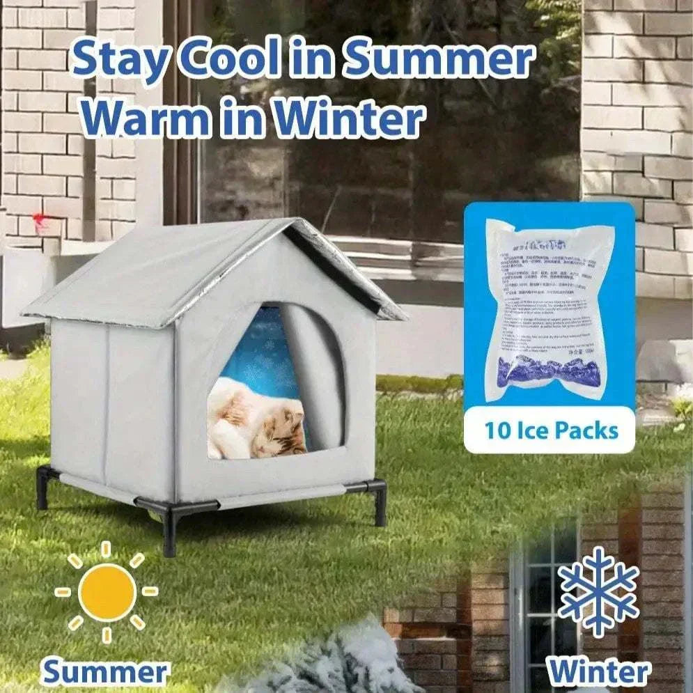 All-Season Waterproof Cat House with Ice Packs Heating Bags, Foldable Shelter for Indoor & Outdoor Use, Available in 3 Sizes