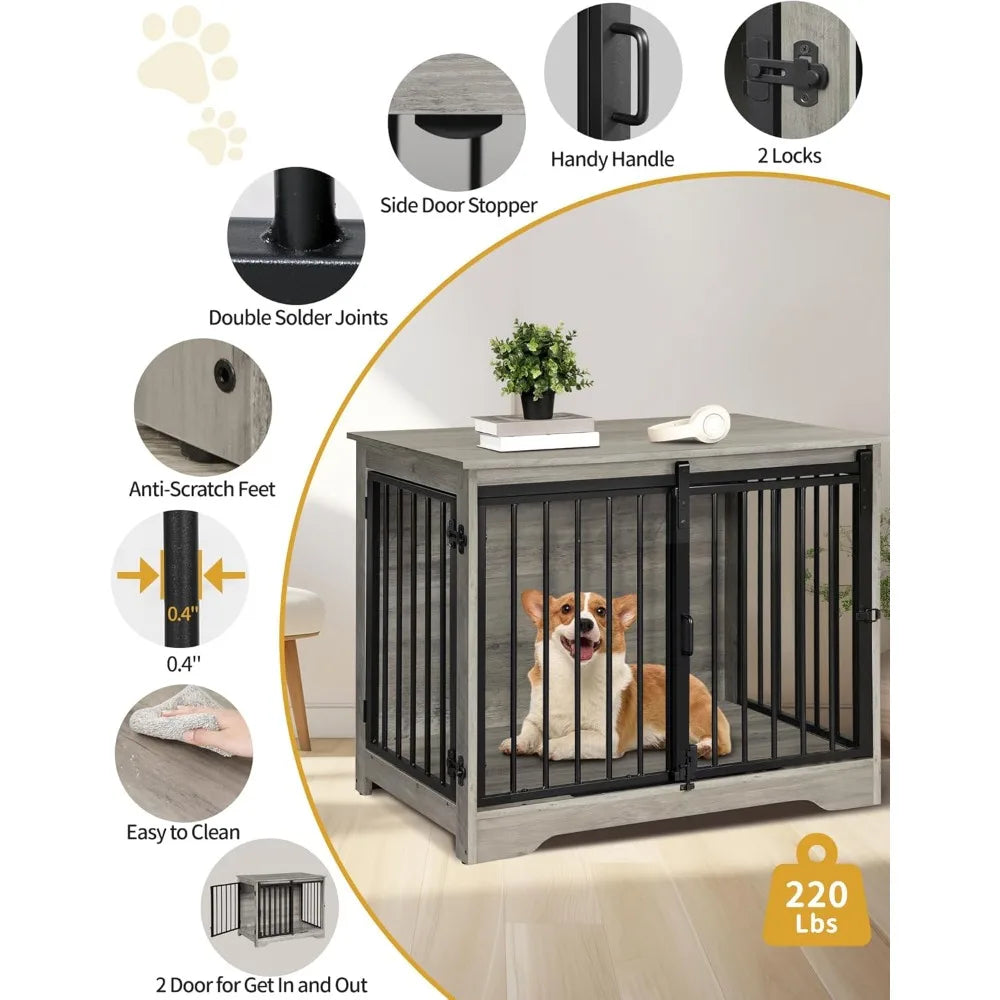 Sturdy Wooden Dog Crate Furniture With Double Doors For Medium And Small Dogs Indoor Pet Cage End Table