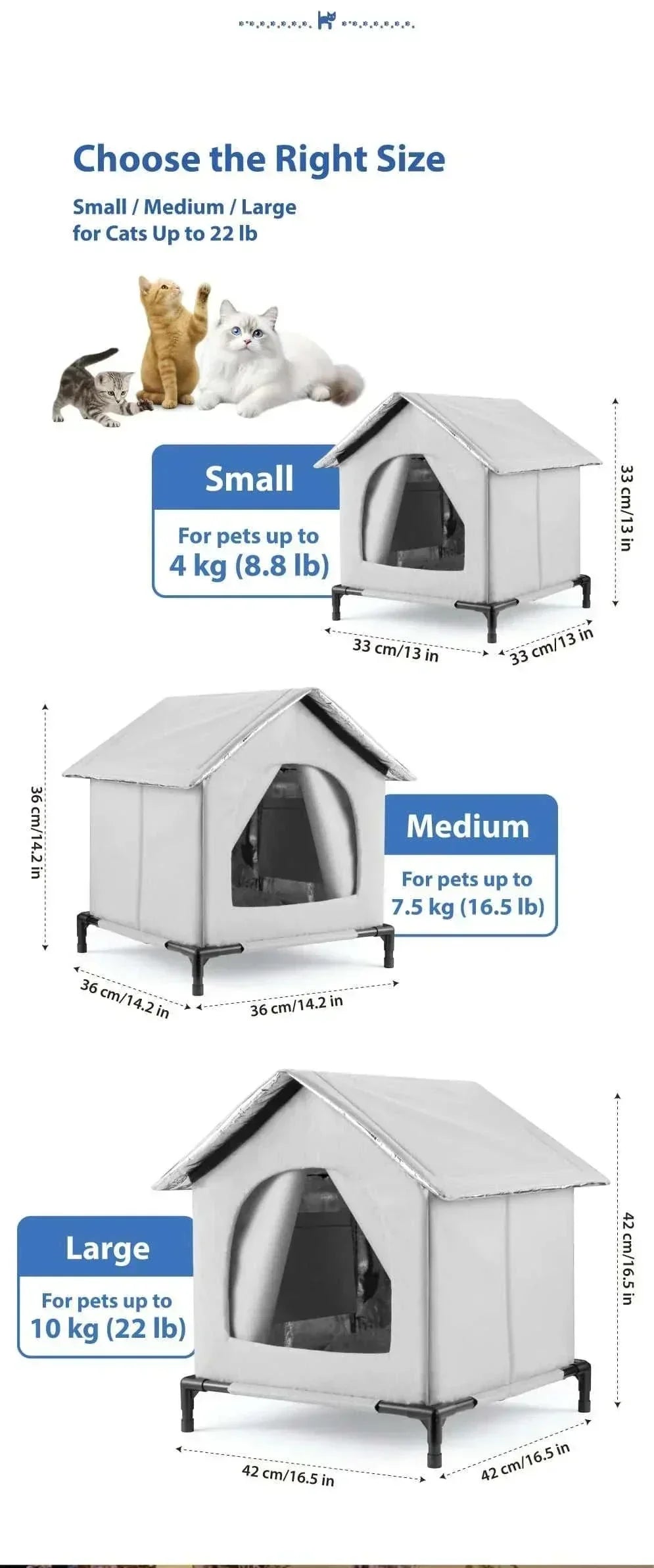 All-Season Waterproof Cat House with Ice Packs Heating Bags, Foldable Shelter for Indoor & Outdoor Use, Available in 3 Sizes