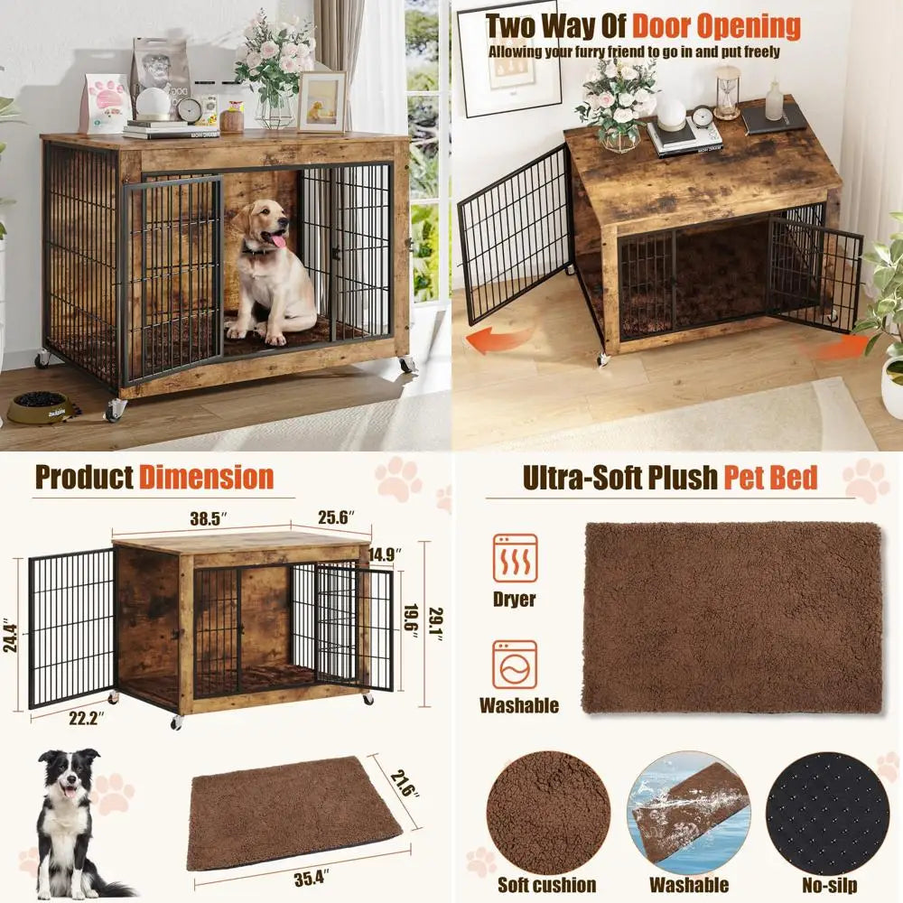 Double Door Wooden Dog Crate With Wheels And Cushion