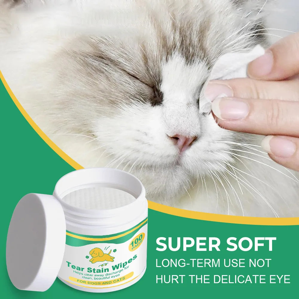Pet Tear Stain Wipes, 100 Pads, Gently Cleans Eyes & Removes Stains for Dogs and Cats, Vitamin Infused