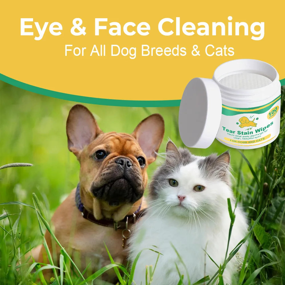 Pet Tear Stain Wipes, 100 Pads, Gently Cleans Eyes & Removes Stains for Dogs and Cats, Vitamin Infused