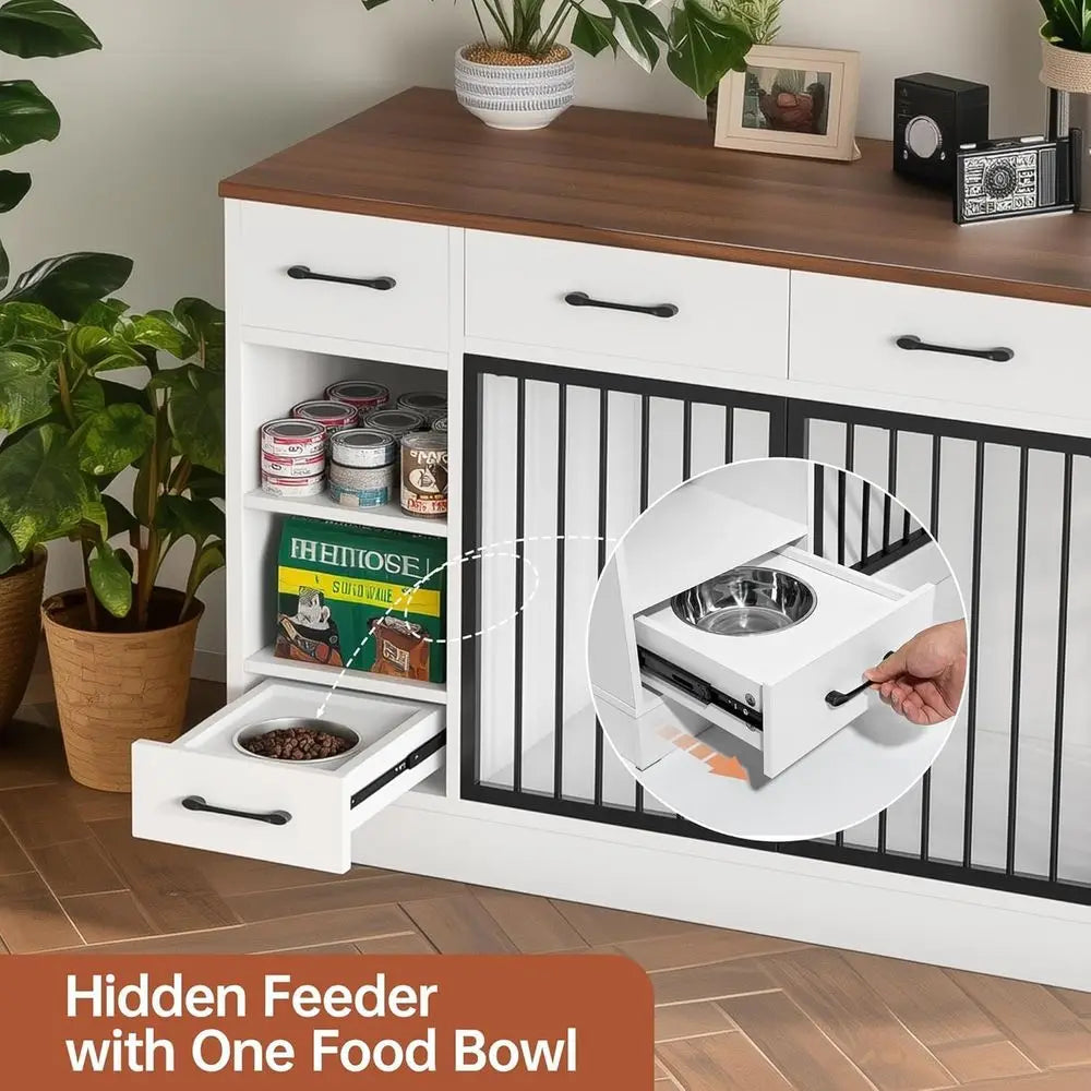Wooden Dog Crate With Storage Drawers And Hidden Bowl Shelf