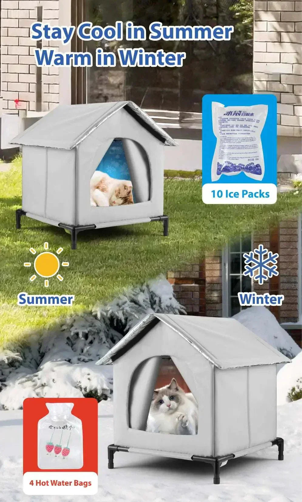 All-Season Waterproof Cat House with Ice Packs Heating Bags, Foldable Shelter for Indoor & Outdoor Use, Available in 3 Sizes