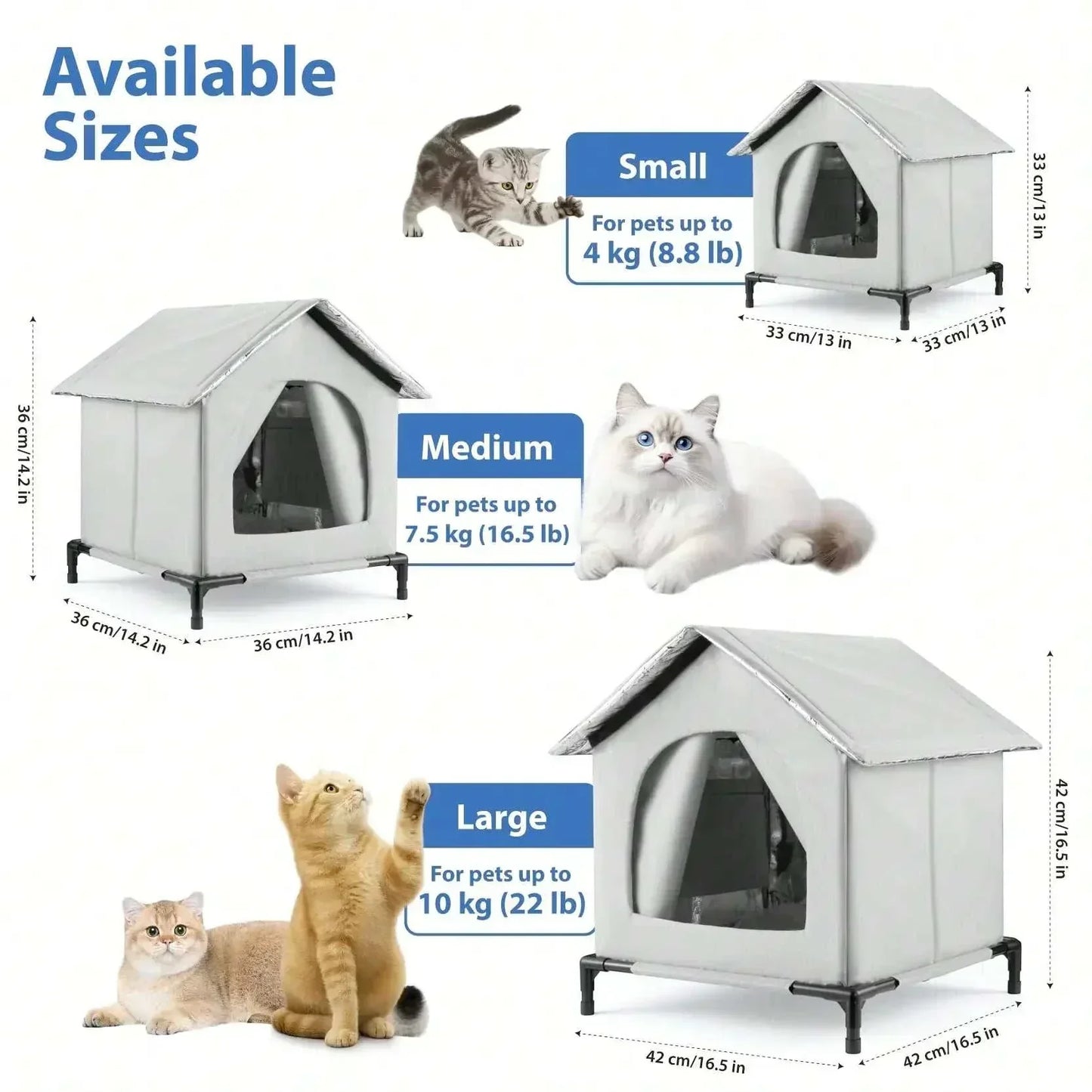 All-Season Waterproof Cat House with Ice Packs Heating Bags, Foldable Shelter for Indoor & Outdoor Use, Available in 3 Sizes