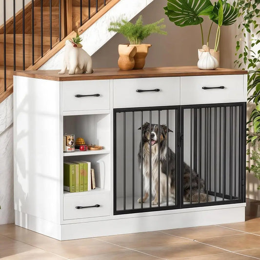 Wooden Dog Crate With Storage Drawers And Hidden Bowl Shelf