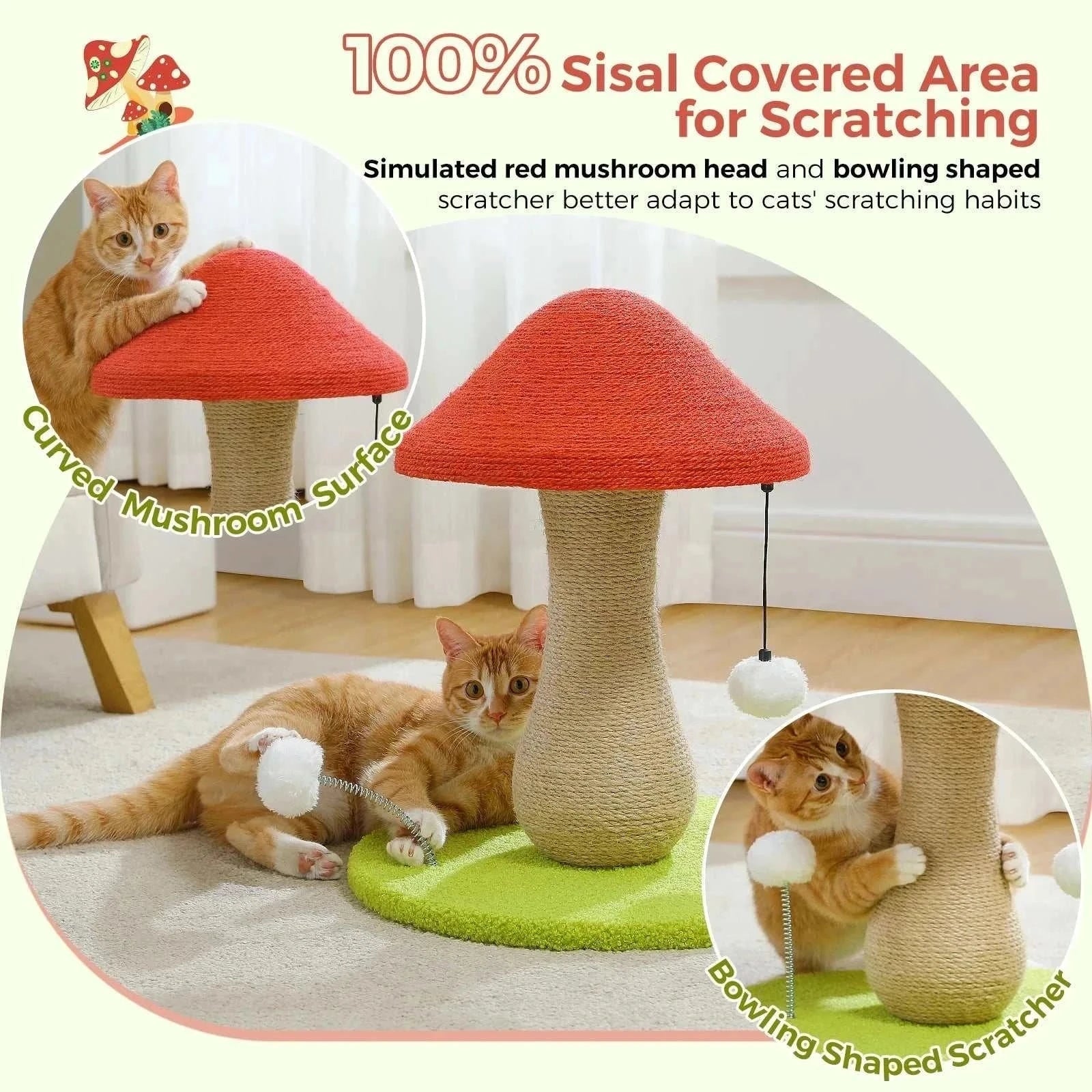 Mushroom-shaped double-tier cat scratching post covered in 100% sisal with pompom toys and sturdy base