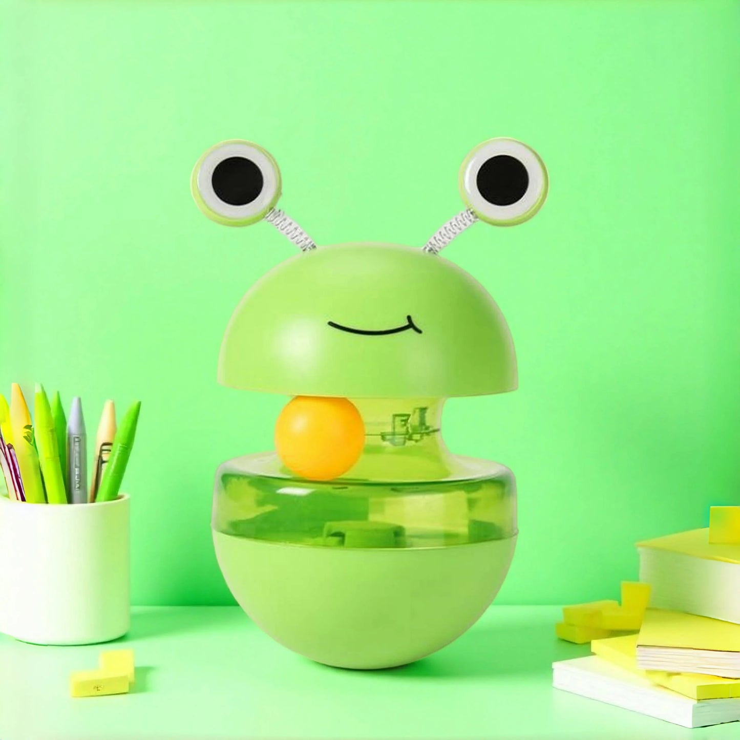 Frog Wobbler Cat Toy Spin Treat Dispenser With Feather Teaser