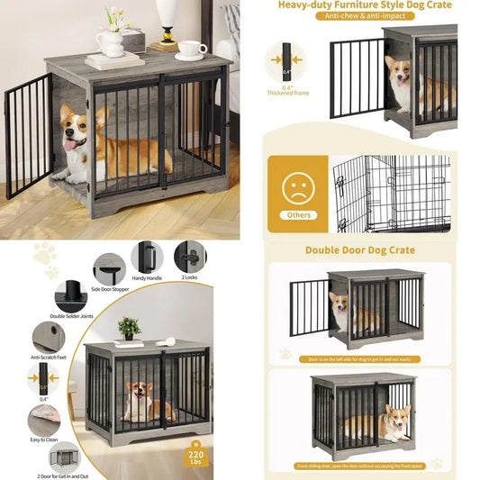 Sturdy Wooden Dog Crate Furniture With Double Doors For Medium And Small Dogs Indoor Pet Cage End Table