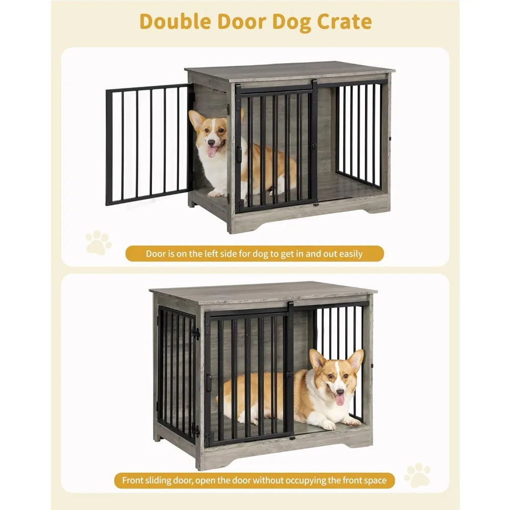Sturdy Wooden Dog Crate Furniture With Double Doors For Medium And Small Dogs Indoor Pet Cage End Table