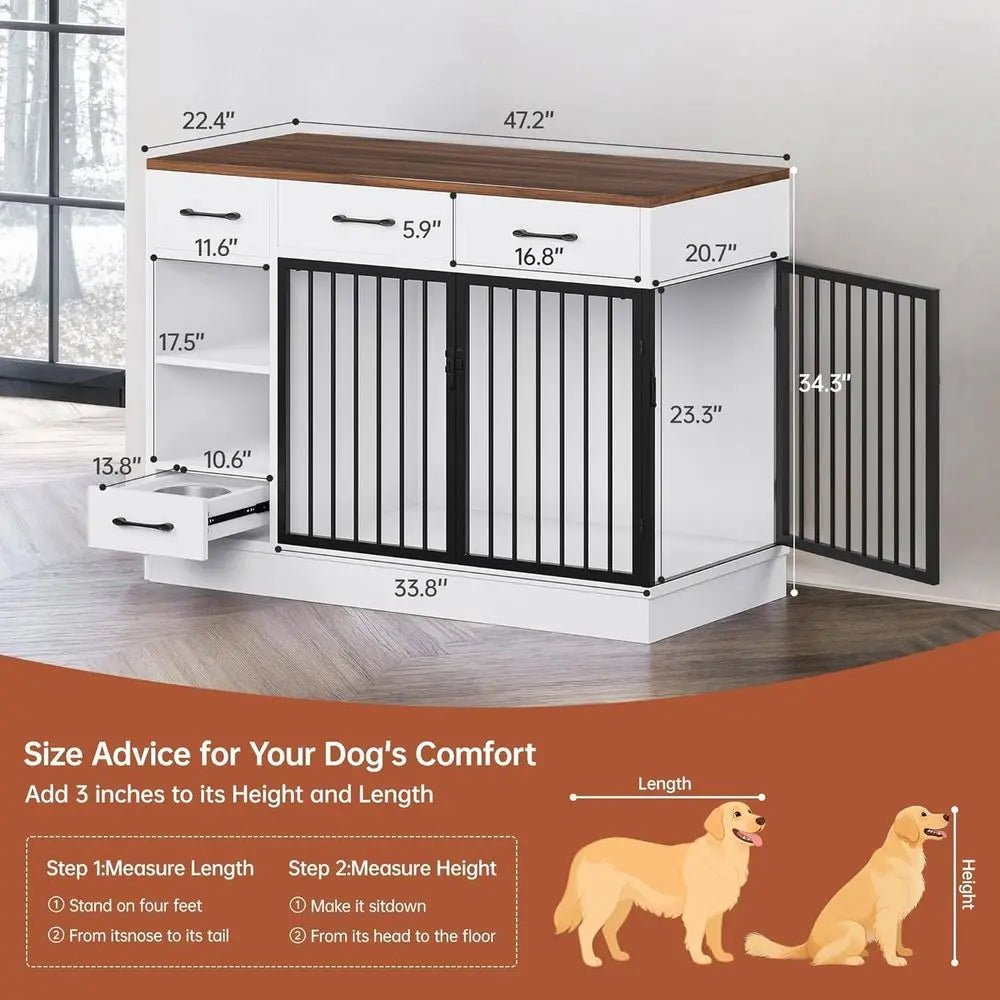Wooden Dog Crate With Storage Drawers And Hidden Bowl Shelf