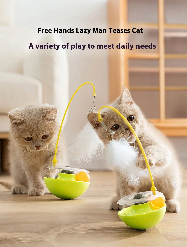 Cat Tumbler Toy With Teaser Stick Feather Bell Catnip Ball