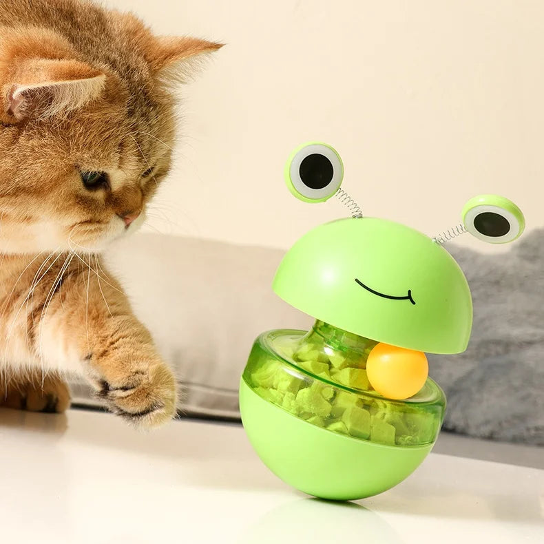 Frog Wobbler Cat Toy Spin Treat Dispenser With Feather Teaser