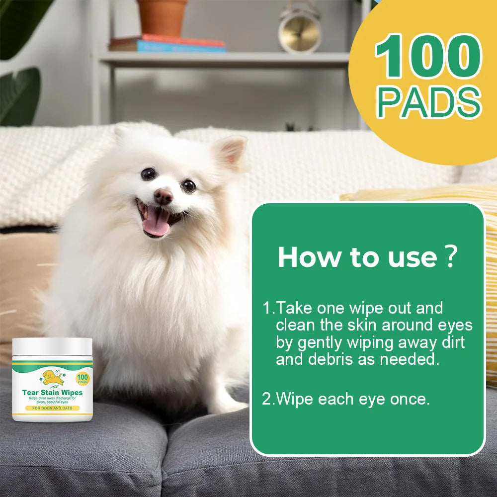 Pet Tear Stain Wipes, 100 Pads, Gently Cleans Eyes & Removes Stains for Dogs and Cats, Vitamin Infused