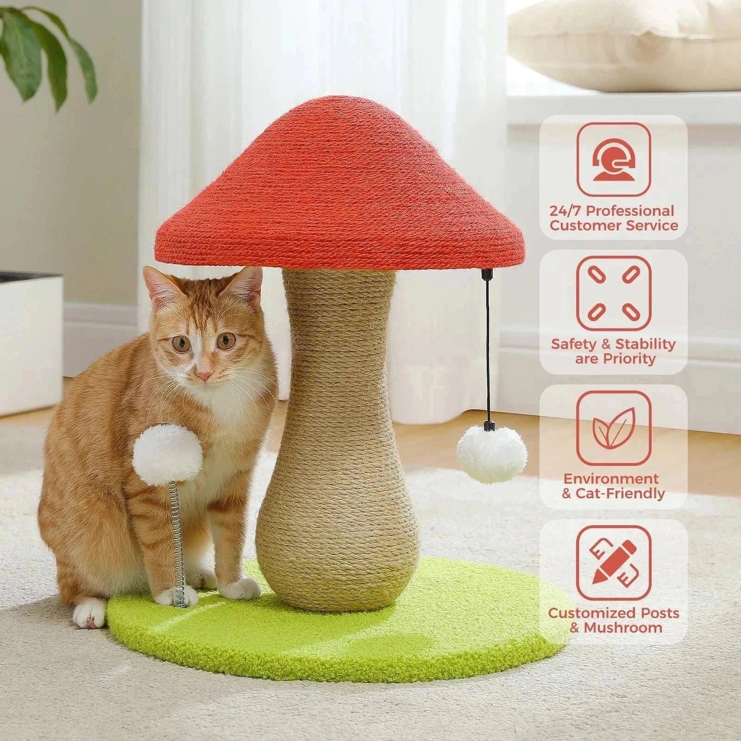 Mushroom cat scratching post with 100% sisal cover, double-tier design, and pompom toys for indoor cats.