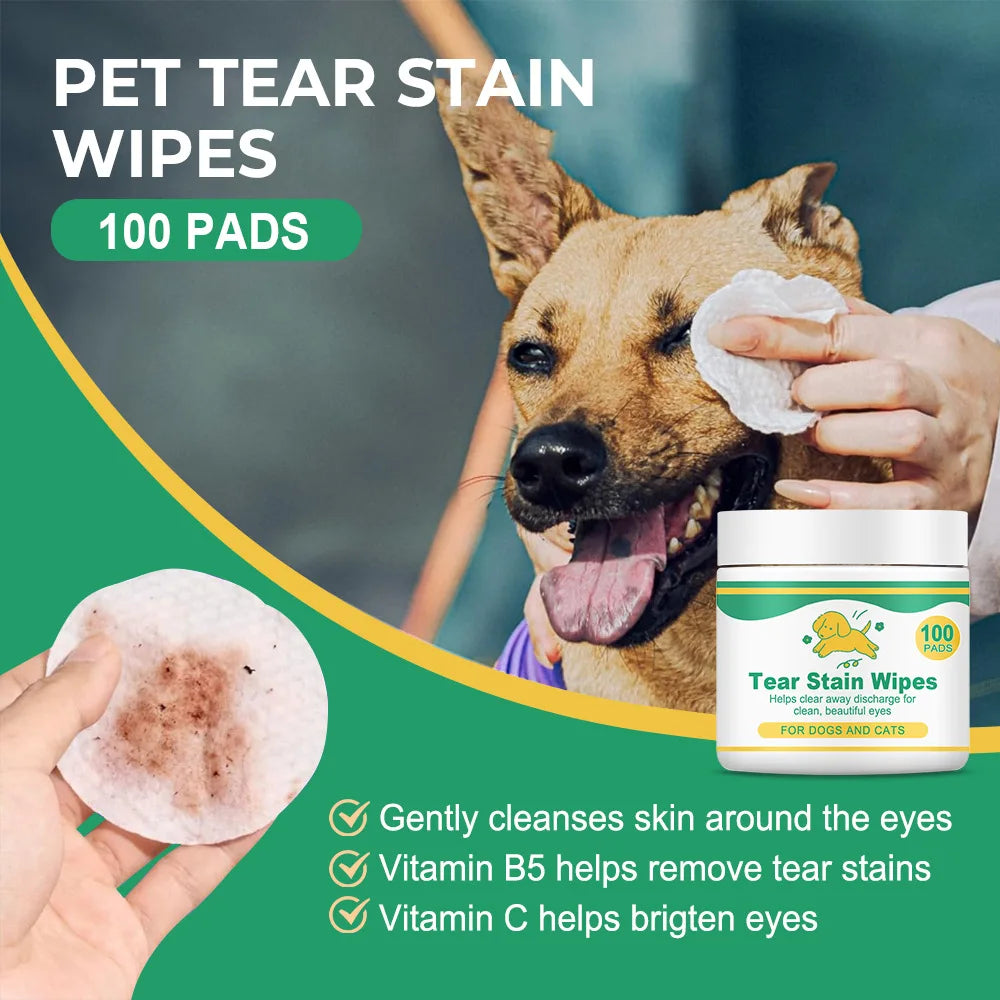 Pet Tear Stain Wipes, 100 Pads, Gently Cleans Eyes & Removes Stains for Dogs and Cats, Vitamin Infused